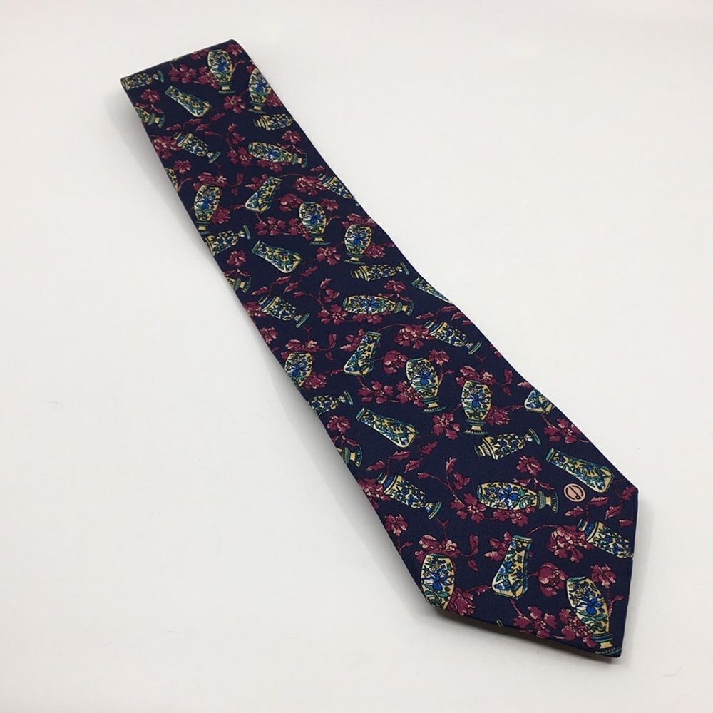 Dunhill Silk Floral Vase Classic Tie Navy and Burgundy